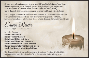 Traueranzeige von Erwin Reiche von Trauerkombi Bernburg