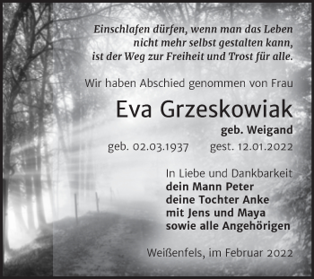 Traueranzeige von Eva Grzeskowiak von Trauerkombi Weißenfels