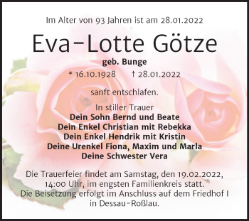 Traueranzeige von Eva-Lotte  Götze von Trauerkombi Dessau