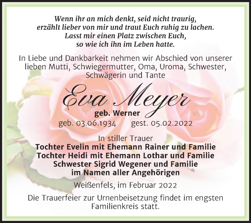  Traueranzeige für Eva Meyer vom 12.02.2022 aus Trauerkombi Weißenfels