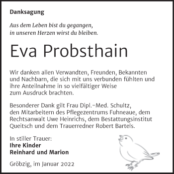 Traueranzeige von Eva Probsthain von Trauerkombi Köthen