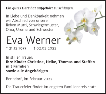 Traueranzeige von Eva Werner von Trauerkombi Mansfelder Land
