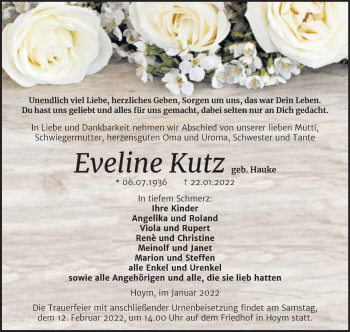 Traueranzeige von Eveline Kutz von Trauerkombi Aschersleben