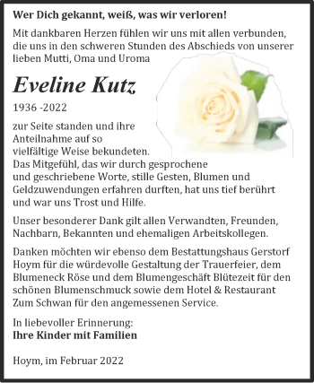 Traueranzeige von Eveline Kutz von Trauerkombi Aschersleben