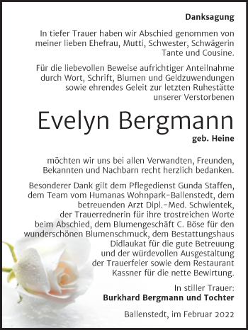Traueranzeige von Evelyn Bergmann von Trauerkombi Quedlinburg