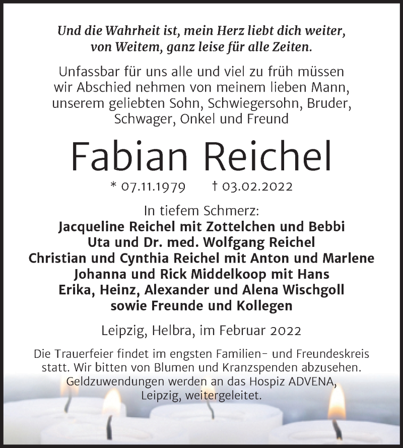  Traueranzeige für Fabian Reichel vom 10.02.2022 aus Mitteldeutsche Zeitung Mansfelder Land