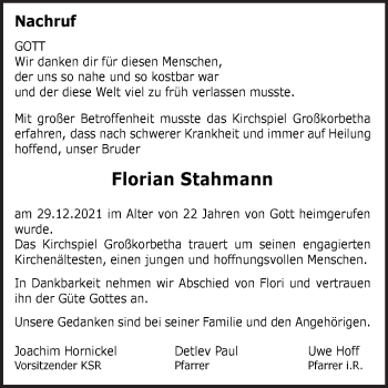 Traueranzeige von Florian Stahmann von Mitteldeutsche Zeitung Weißenfels