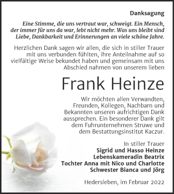 Traueranzeige von Frank Heinze von Trauerkombi Quedlinburg