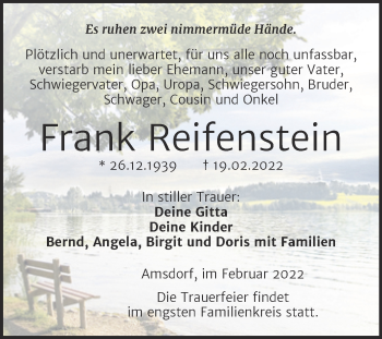 Traueranzeige von Frank Reifenstein von Trauerkombi Mansfelder Land