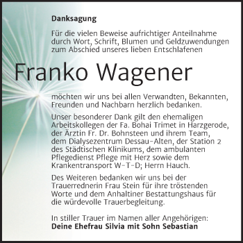 Traueranzeige von Franko Wagener von Trauerkombi Dessau