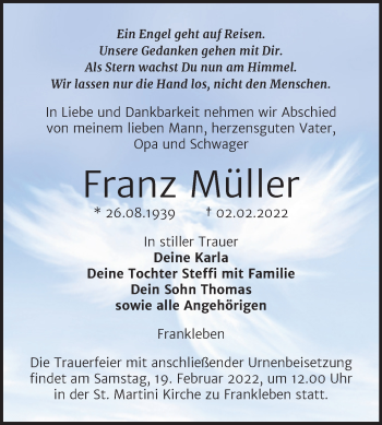 Traueranzeige von Franz Müller von Trauerkombi Merseburg