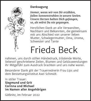 Traueranzeige von Frieda Beck von Wochenspiegel Naumburg/Nebra
