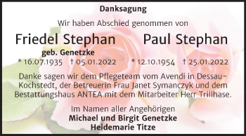 Traueranzeige von Friedel Stephan von Trauerkombi Dessau