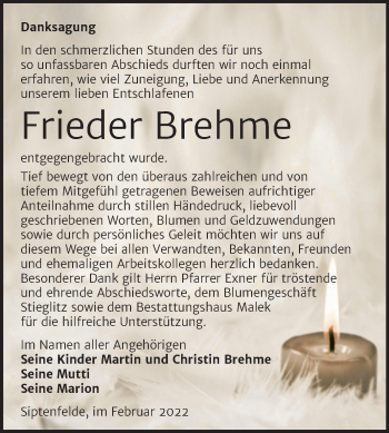 Traueranzeige von Frieder Brehme von Trauerkombi Quedlinburg