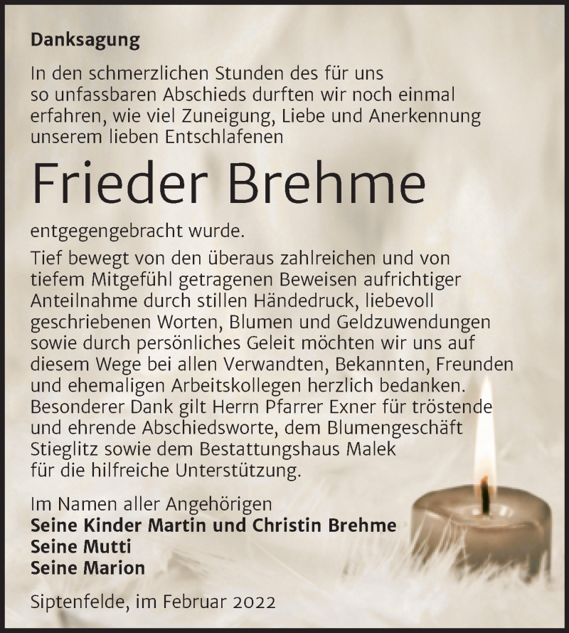  Traueranzeige für Frieder Brehme vom 19.02.2022 aus Trauerkombi Quedlinburg