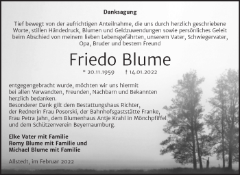Traueranzeige von Friedo Blume von Trauerkombi Sangerhausen