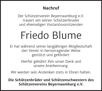Traueranzeige von Friedo Blume von Super Sonntag Sangerhausen