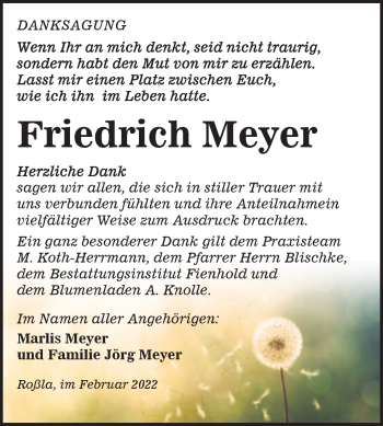 Traueranzeige von Friedrich Meyer von Trauerkombi Sangerhausen