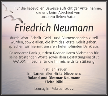 Traueranzeige von Friedrich Neumann von Trauerkombi Merseburg