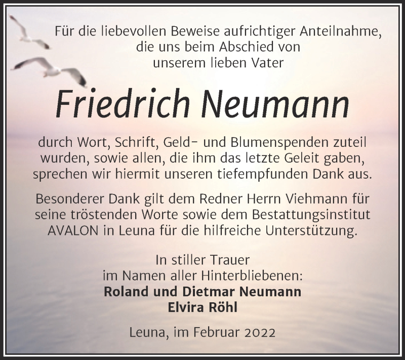  Traueranzeige für Friedrich Neumann vom 26.02.2022 aus Trauerkombi Merseburg