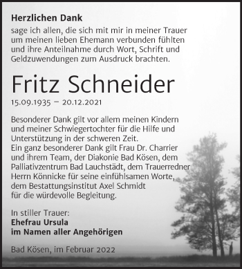 Traueranzeige von Fritz Schneider von Wochenspiegel Naumburg/Nebra