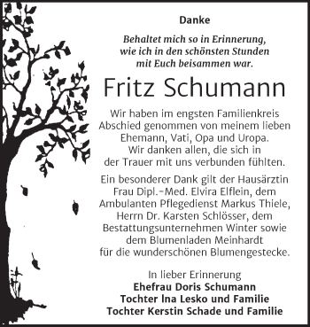 Traueranzeige von Fritz Schumann von Trauerkombi Bitterfeld