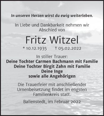 Traueranzeige von Fritz Witzel von Trauerkombi Quedlinburg