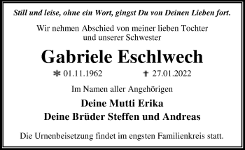 Traueranzeige von Gabriele Eschlwech von Trauerkombi Wittenberg