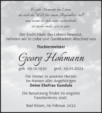 Traueranzeige von Georg Hohmann von Wochenspiegel Naumburg/Nebra