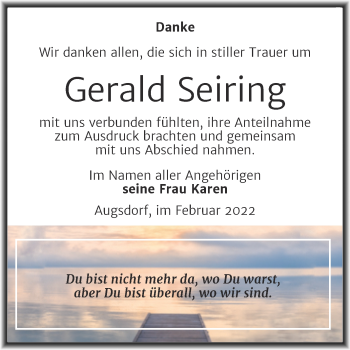 Traueranzeige von Gerald Seiring von Trauerkombi Mansfelder Land
