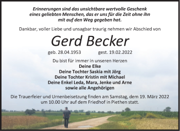 Traueranzeige von Gerd Becker von Trauerkombi Köthen