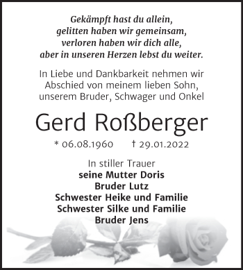 Traueranzeige von Gerd Roßberger von Trauerkombi Bernburg