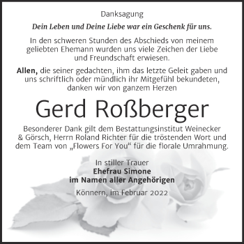 Traueranzeige von Gerd Roßberger von Trauerkombi Bernburg