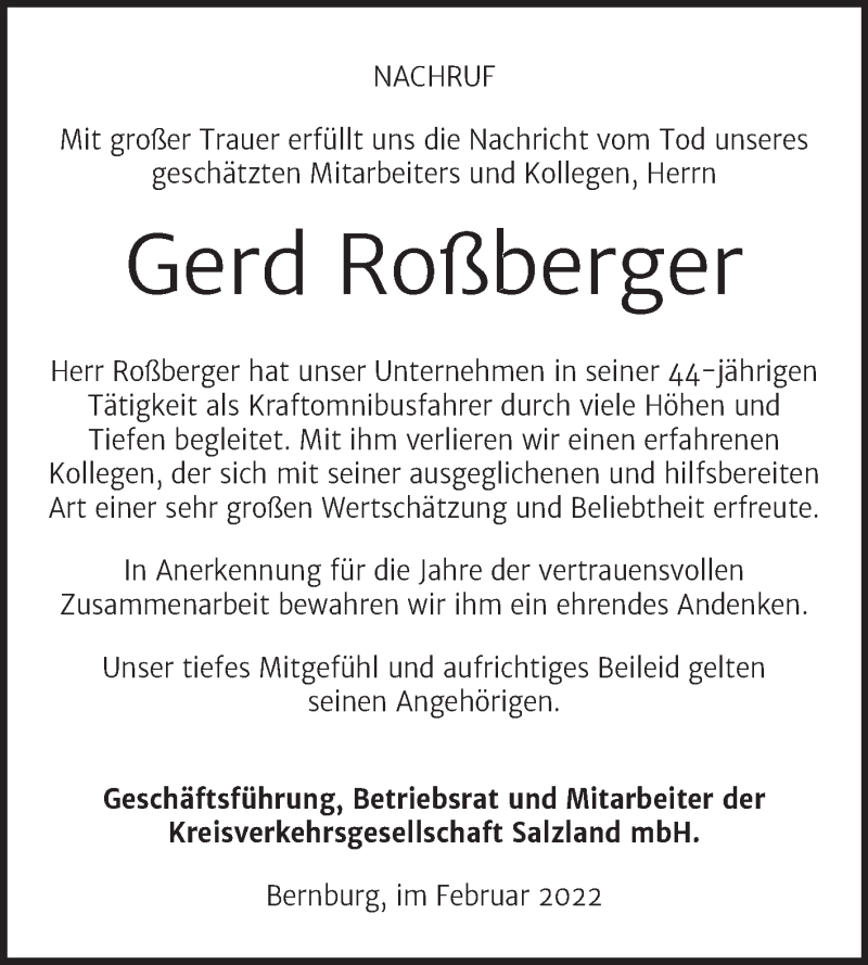  Traueranzeige für Gerd Roßberger vom 12.02.2022 aus Super Sonntag Bernburg