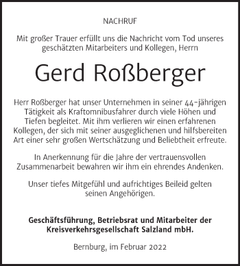 Traueranzeige von Gerd Roßberger von Mitteldeutsche Zeitung Bernburg