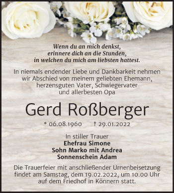 Traueranzeige von Gerd Roßberger von Trauerkombi Bernburg