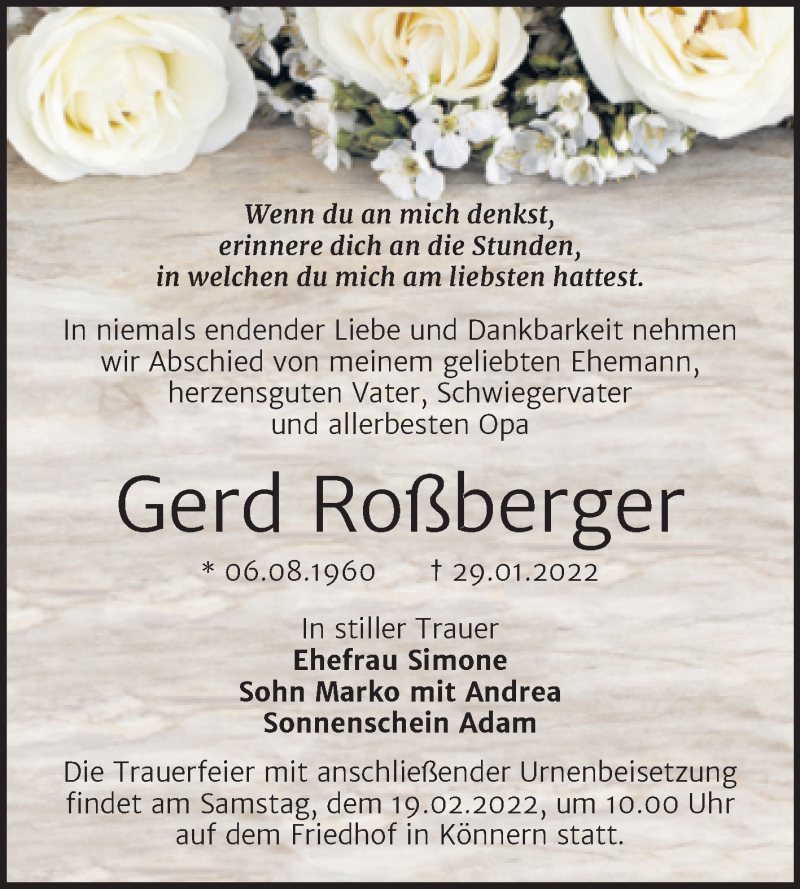  Traueranzeige für Gerd Roßberger vom 05.02.2022 aus Trauerkombi Bernburg