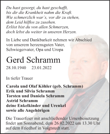 Traueranzeige von Gerd Schramm von Trauerkombi Sangerhausen