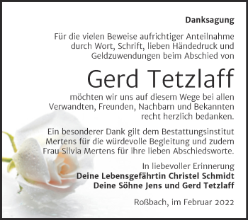 Traueranzeige von Gerd Tetzlaff von Wochenspiegel Naumburg/Nebra