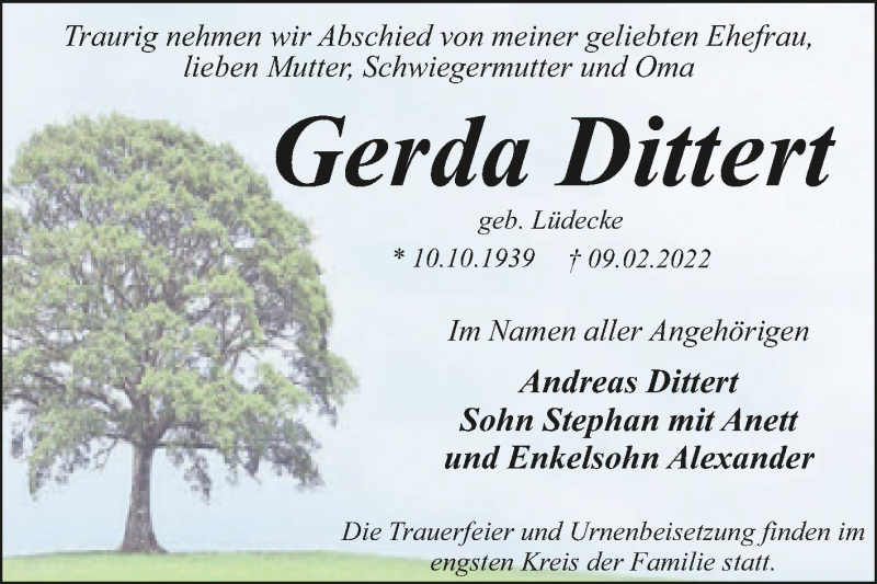  Traueranzeige für Gerda Dittert vom 19.02.2022 aus Trauerkombi Dessau