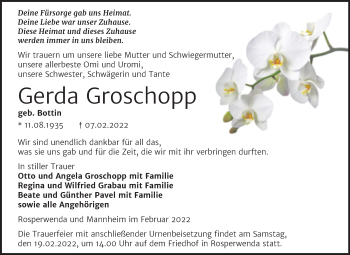 Traueranzeige von Gerda Groschopp von Trauerkombi Sangerhausen
