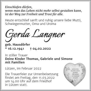 Traueranzeige von Gerda Langner von Trauerkombi Weißenfels