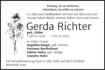 Traueranzeige von Gerda Richter von Trauerkombi Bitterfeld