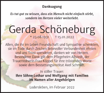 Traueranzeige von Gerda Schöneburg von Trauerkombi Merseburg