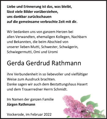 Traueranzeige von Gerda Gerdrud Rathmann von Trauerkombi Wittenberg
