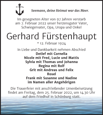 Traueranzeige von Gerhard Fürstenhaupt von Wochenspiegel Naumburg/Nebra