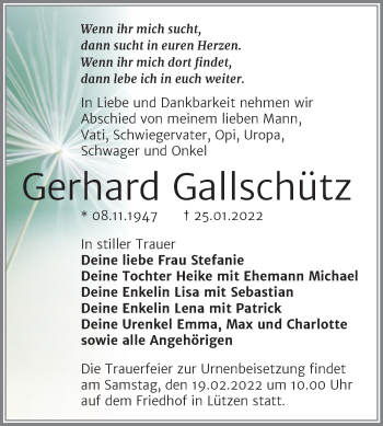 Traueranzeige von Gerhard Gallschütz von Trauerkombi Weißenfels