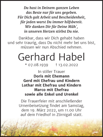 Traueranzeige von Gerhard Habel von Trauerkombi Wittenberg