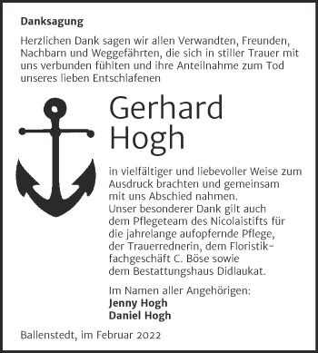 Traueranzeige von Gerhard Hogh von Trauerkombi Quedlinburg
