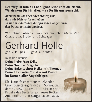 Traueranzeige von Gerhard Holle von Trauerkombi Mansfelder Land
